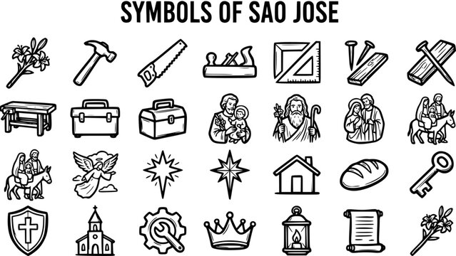 Black  White Line Art vector icons of Saint Joseph (Sao Jose) symbols, depicting carpentry tools, Holy Family, and religious attributes for Christianity and faith.