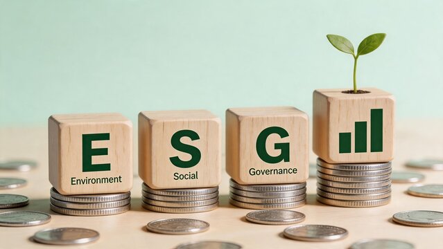 Wooden blocks with ESG letters representing Environment Social Governance sustainability investment growth concept with plant sprout on coins