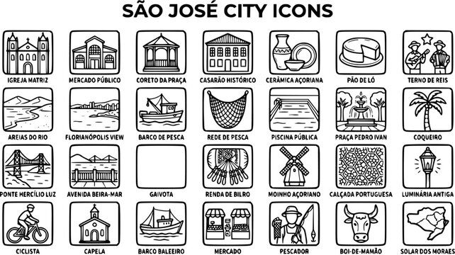 S?o Jos? City Icons: Black and White Line Art Collection of Landmarks and Symbols