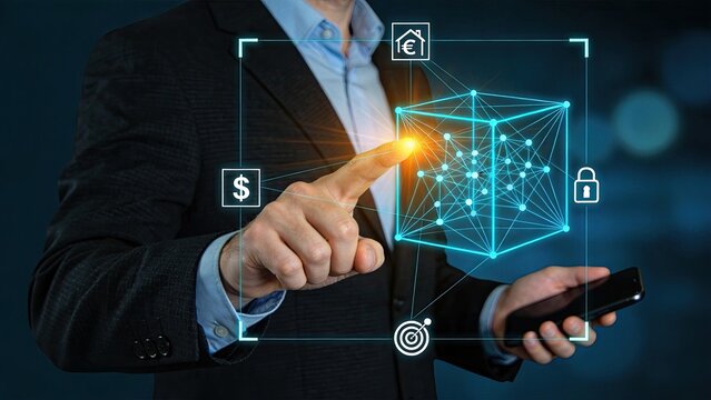 Futuristic fintech interface with blockchain cube and currency symbols, secure digital transaction system, financial technology innovation, cyber security lock icon, global