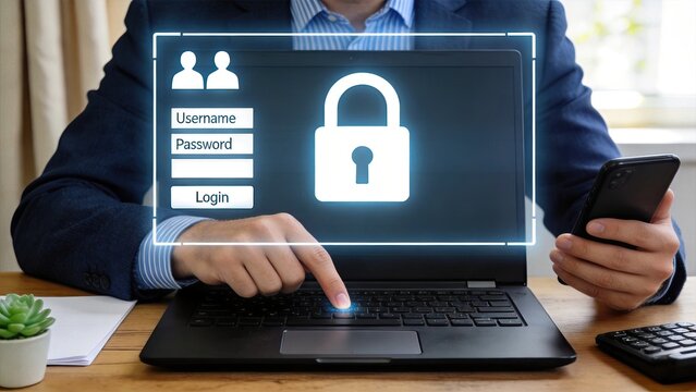 Cybersecurity login screen with padlock icon, secure authentication process, password protection, user access control, biometric fingerprint scan, digital security concept for