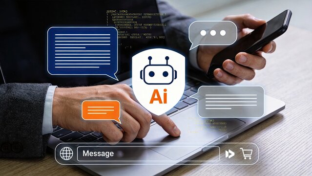 Artificial intelligence chatbot assistant on smartphone and laptop, AI customer service concept, automated messaging system, virtual support agent, conversational UI design for
