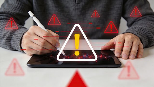 Person analyzing tablet with critical cyber threat alerts, red warning signs, hacking attack detection, data breach notification, emergency security response and risk management