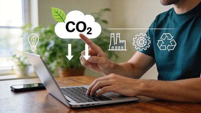 Man touching CO2 cloud icon on screen, carbon footprint reduction, climate change awareness, green energy, sustainability, ecology, environmental protection, industrial pollution