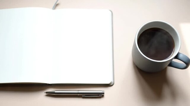 Open blank notebook with a pen and a mug of black coffee on a light desk, ready for writing or planning.
