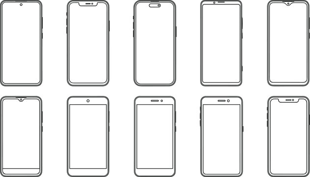 Collection of smartphone front designs showing different camera placements, notches, and bezel styles for modern technology and UI mockups