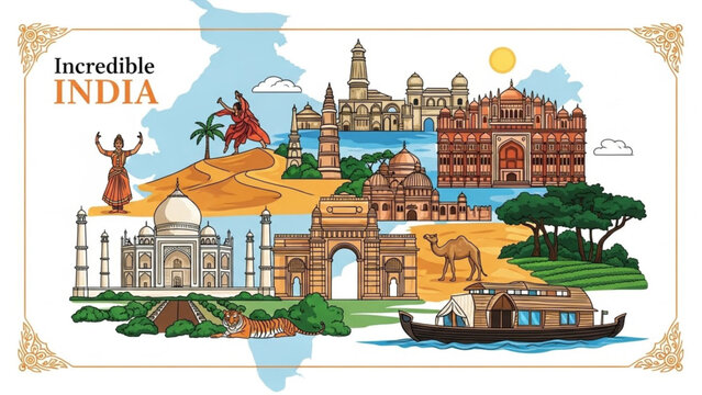 A colorful and vibrant vector illustration featuring various famous landmarks, cultural elements, and wildlife of India, including the Taj Mahal, India Gate, a Kathakali dancer, a Royal Bengal tiger, 