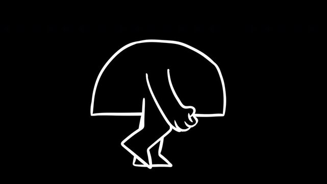 Minimalist 2D cartoon animation of red semicircle or dome-shaped geometric character walking. Seamless loopable motion design element isolated on clear white background and version outline silhouette 