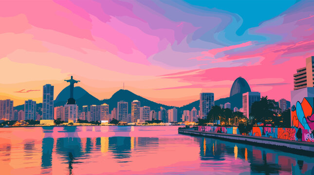 Vibrant cityscape of Rio de Janeiro at sunset with Christ the Redeemer statue overlooking the bay and colorful graffiti art.