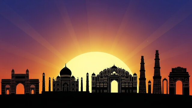 A wide horizontal banner displaying dark silhouettes of iconic Indian architecture, such as the Gateway of India, Taj Mahal, Hawa Mahal, Qutub Minar, and India Gate, positioned in front of a massive g