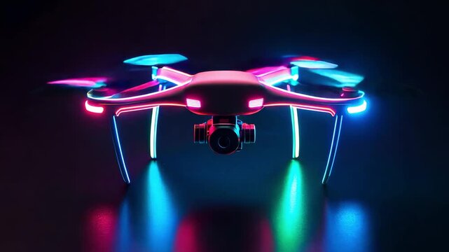 A drone performs flight maneuvers in a dark environment while displaying colorful neon lights and design features closely