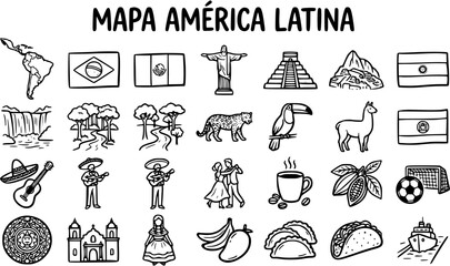 Hand-drawn Black and White Line Art Doodle Icons Set of Latin America. Collection of Culture, Travel, Food, Nature, and Landmark Symbols. © victoria