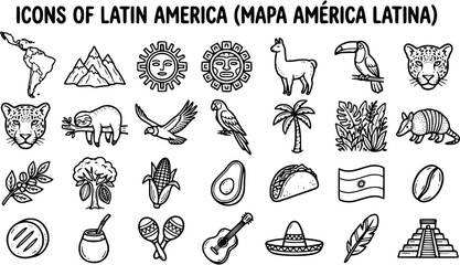 Black and White Line Art Icons of Latin America Travel and Culture. Diverse Collection of South American Symbols, Food, Wildlife, and Landmarks. © victoria