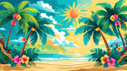 Vibrant tropical beach scene with palm trees, hibiscus flowers, and a bright sun over the ocean. © milan
