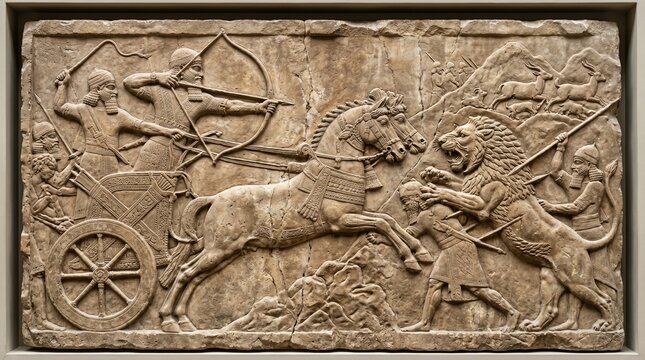 Assyrian wall relief of lion hunt, ancient history of Babylon and Shumer