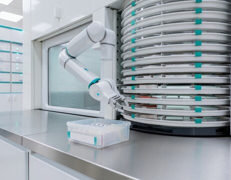 Pharmacy automation robot dispensing unit &mdash; robotic arm retrieving medication fr