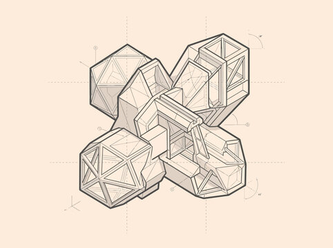 Futuristic Architectural Blueprint and Technical Drawing of a Complex Modular Geometric Structure in Isometric View