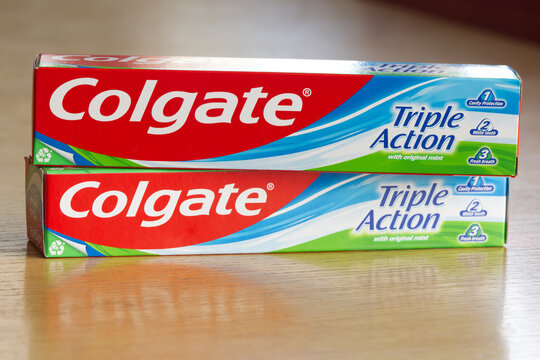 Close up of two boxes of Colgate toothpaste lying on a table. Colgate is a global oral care brand owned by Colgate-Palmolive, an American consumer goods company, Warsaw, Poland. May 20, 2026.