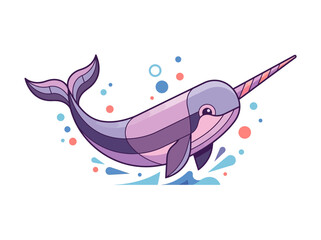 Cute Geometric Narwhal Illustration - Purple and Pink Sea Unicorn Character Design on White Background © Adiba