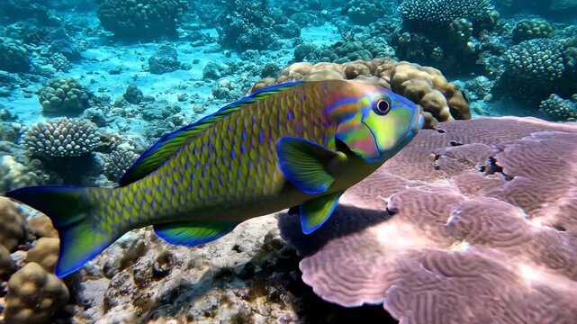 Vibrant, intricately scaled parrotfish navigates the sunlit turquoise waters teeming with colorful coral formations, showcasing its iridescent blues, greens, and yellows in a breathtaking marine