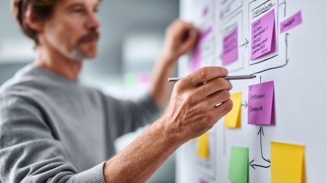 Man planning project on whiteboard with sticky notes and flowcharts
