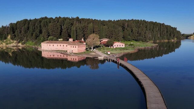 Drone Approaching Zvernec Monastery Over Mirror Lake