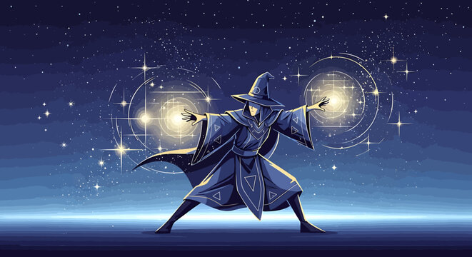 Fantasy wizard casting magic spell.