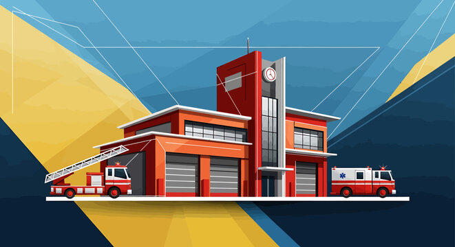 Fire Station Building with Emergency Vehicles.