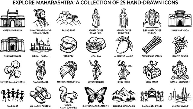 Hand-Drawn Black  White Line Art Icon Collection of Maharashtra's Culture, Travel, Food, and Landmarks. Indian Regional Doodles  Sketches.