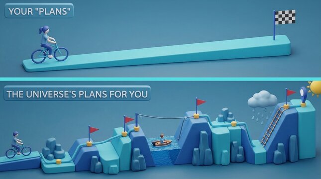 Conceptual 3D illustration of life journey and business planning, comparison of simple expectations versus complex reality, blue miniature landscape