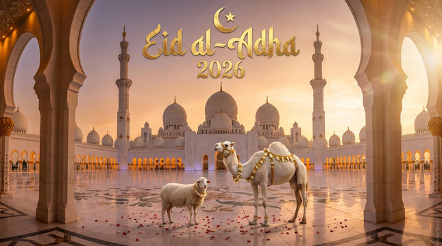 
Eid al-Adha 2026 Grand Mosque Landscape &mdash; Decorated White Camel and Sheep on Marble Courtyard at Golden Hour, Cinematic 8K