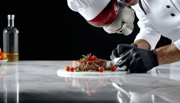 A passionate amateur chef plating a beautiful dish at a clean marble kitchen island - Minimal Background
