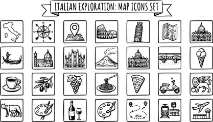 Italian Travel and Tourism Map Icons Set - Hand-drawn Black and White Line Art Doodles of Italian Landmarks, Culture, and Food © victoria