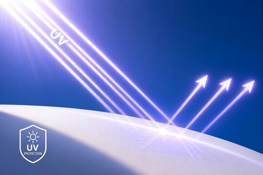 紫外線を反射して肌を保護するUVカット技術イメージ｜UV、紫外線、スキンケア、日焼け止め、肌保護、反射、光線、美容
