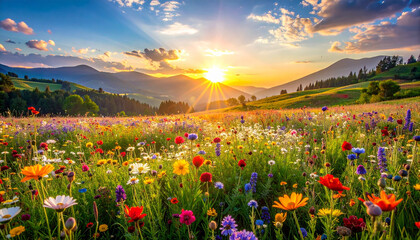 Obraz premium Beautiful summer mountain landscape with blooming wildflower meadow at sunset