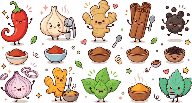 Cute kawaii spices and herbs character sticker set vector illustration with happy chili garlic ginger cinnamon elements