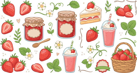 Hand drawn strawberry jam fruit element set vector illustration with basket cake smoothie jar leaf blossom icons © Shuvo