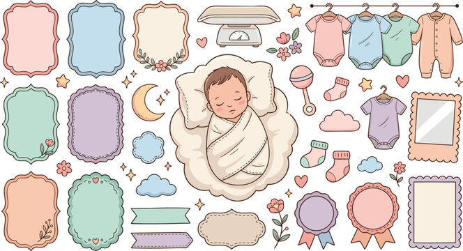 Cute newborn baby sleeping clip art set with vector frames clothes scales rattle clouds elements for design