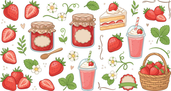 Hand drawn strawberry jam fruit element set vector illustration with basket cake smoothie jar leaf blossom icons