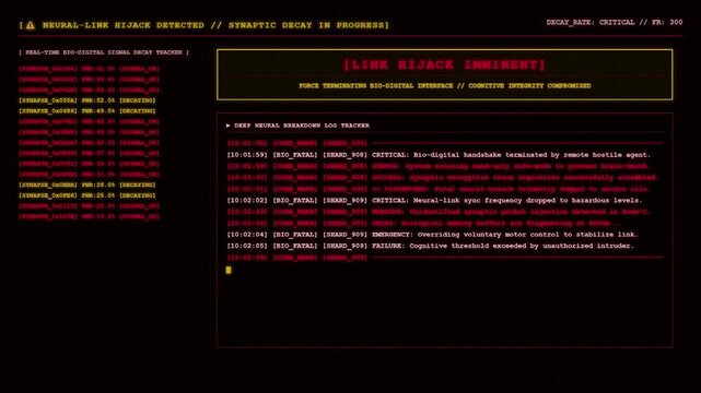 Neural Link Hijack Detected Terminal Screen Showing Link Hijack Imminent Cyberpunk Diagnostic Monitor and Deep Neural Breakdown Log Tracker.