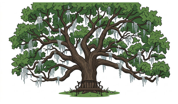Majestic old oak tree with Spanish moss and wooden bench peaceful park vector illustration