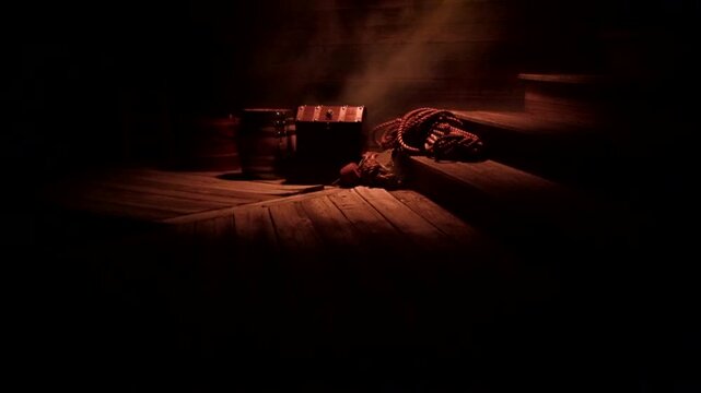 Pirate chest, kegs, and ropes sit under lantern light, with smoke or fog.. Wharf or ship's hold.