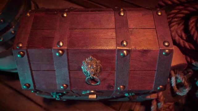 Sailor's weathered hand opens treasure chest, revealing gold inside. High angle view. Lion head ornament. Camera zooms in.
