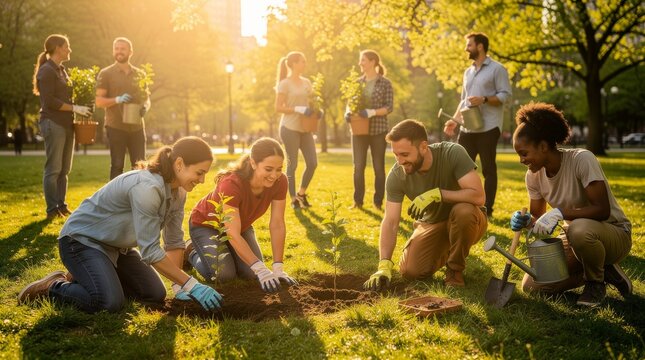 Diverse group of people planting trees together in a sunny park