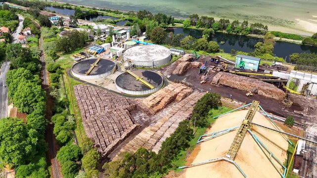 Aerial view of pulp and paper mill industrial plant