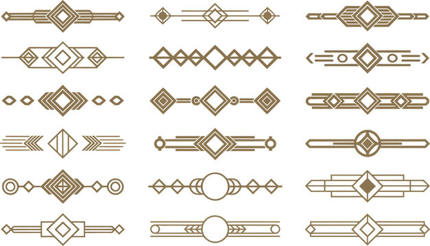 Art deco decorative borders vector, gold retro 1920s style frames header dividers and elegant geometric design elements.