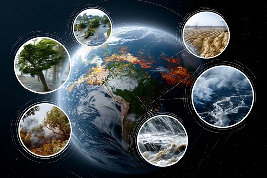 Planet Earth with visualized El Nino climate effects including floods, drought and storms, scientific environmental illustration for global weather and climate presentations
