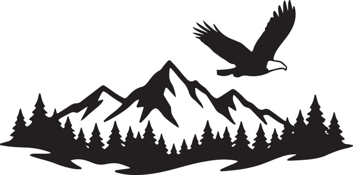 Mountain landscape silhouette, eagle flying, pine trees, black vector icon