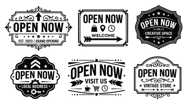 Set of vintage style open now signs and badges for retail and business
