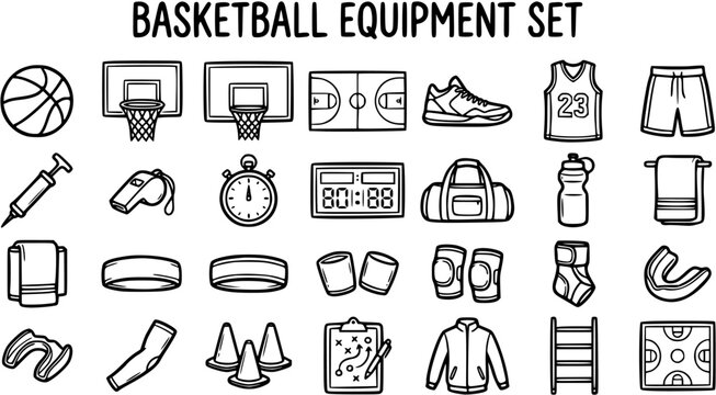 Basketball Equipment Set - Line Art Icons for Sports and Fitness